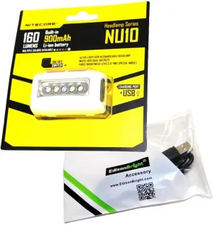Nitecore NU10 160 Lumen USB rechargeable LED headlamp/worklight and EdisonBright brand USB charging cable bundle (White)