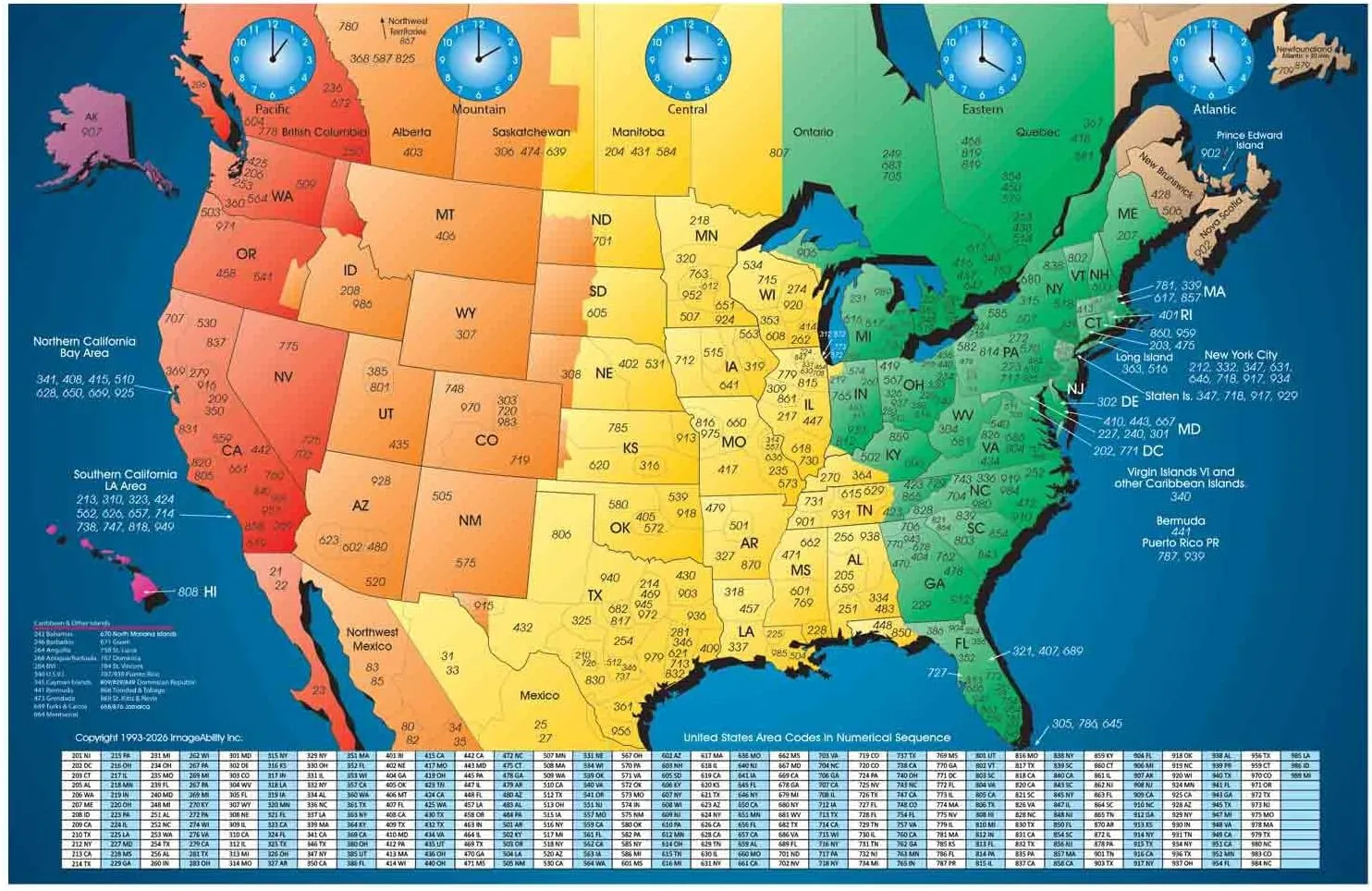 North America Satin Finish Full Color Time Zone Area Code Map with Reverse Lookup, Extra Large 31 by 48 Inch Wall Size