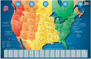 North America Satin Finish Full Color Time Zone Area Code Map with Reverse Lookup, Extra Large 31 by 48 Inch Wall Size