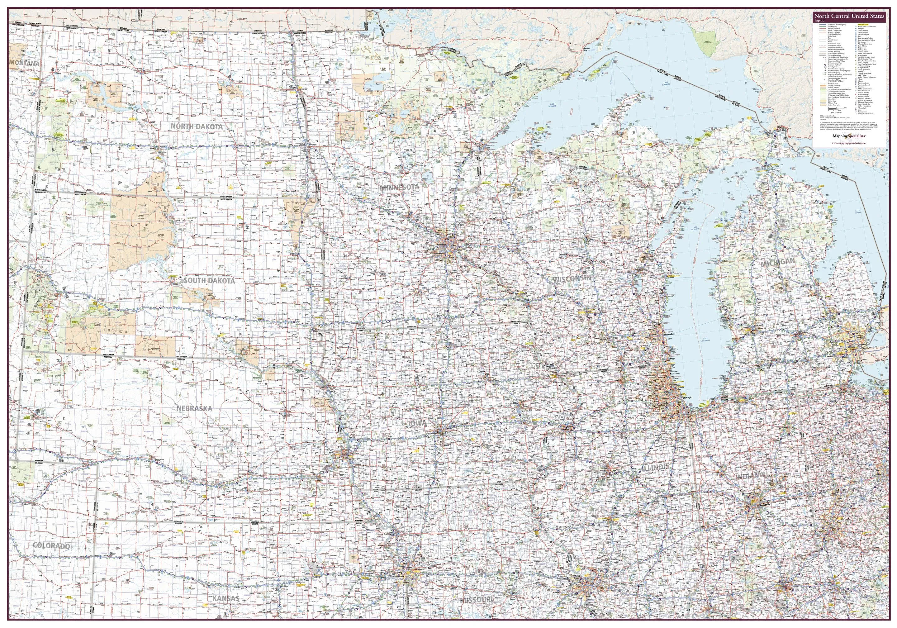 North Central United States Wall Map 1325 x 928mm