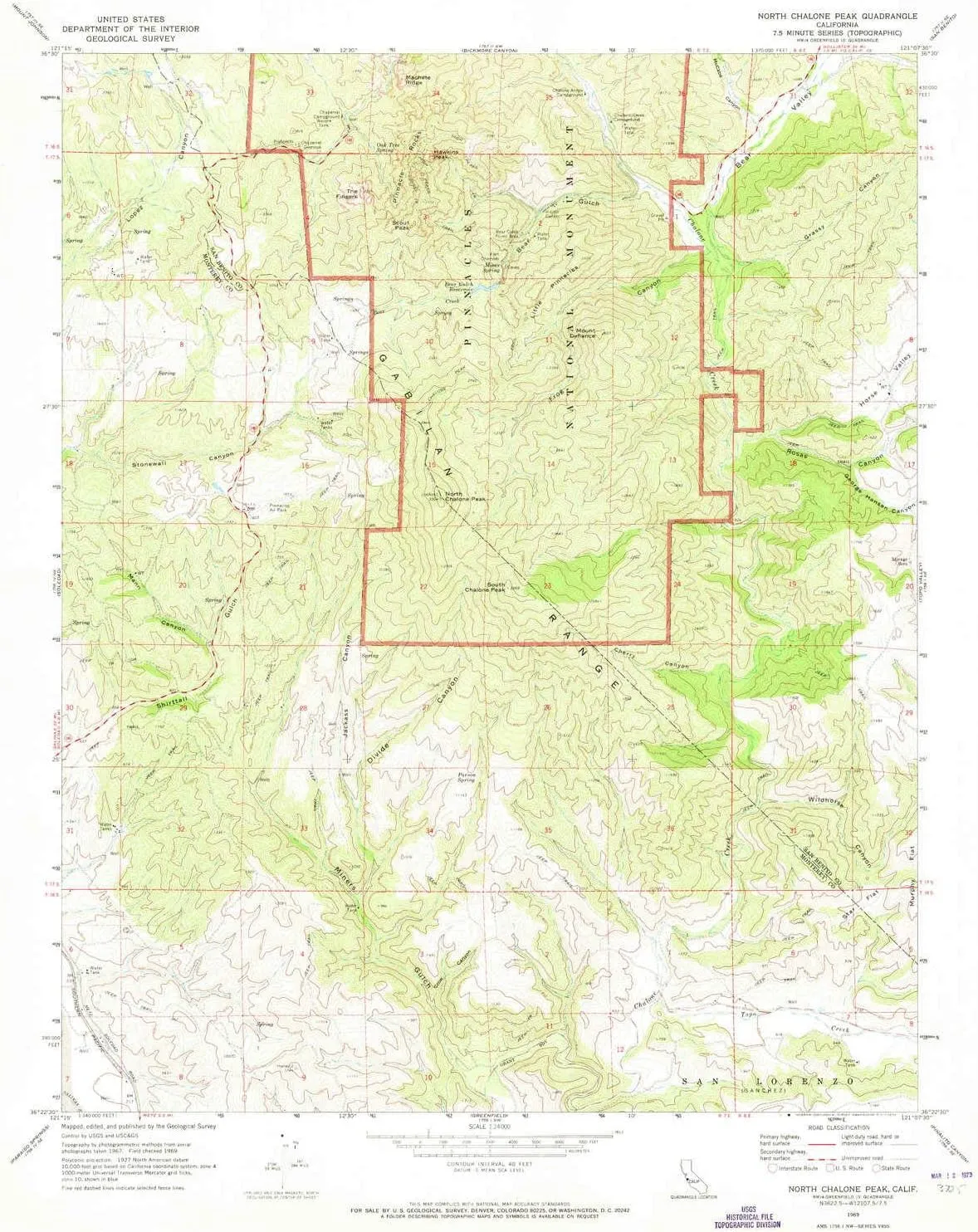 North Chalone Peak CA topo map, 1:24000 Scale, 7.5 X 7.5 Minute, Historical, 1969, Updated 1973, 26.8 x 22 in
