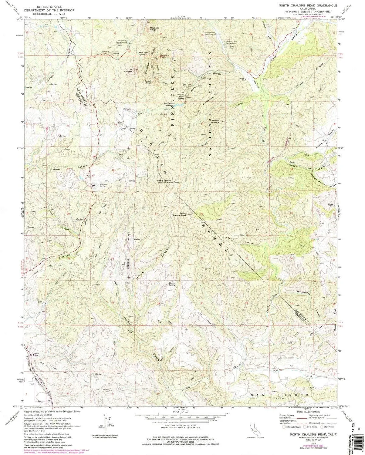North Chalone Peak CA topo map, 1:24000 Scale, 7.5 X 7.5 Minute, Historical, 1969, Updated 1984, 26.7 x 22 in