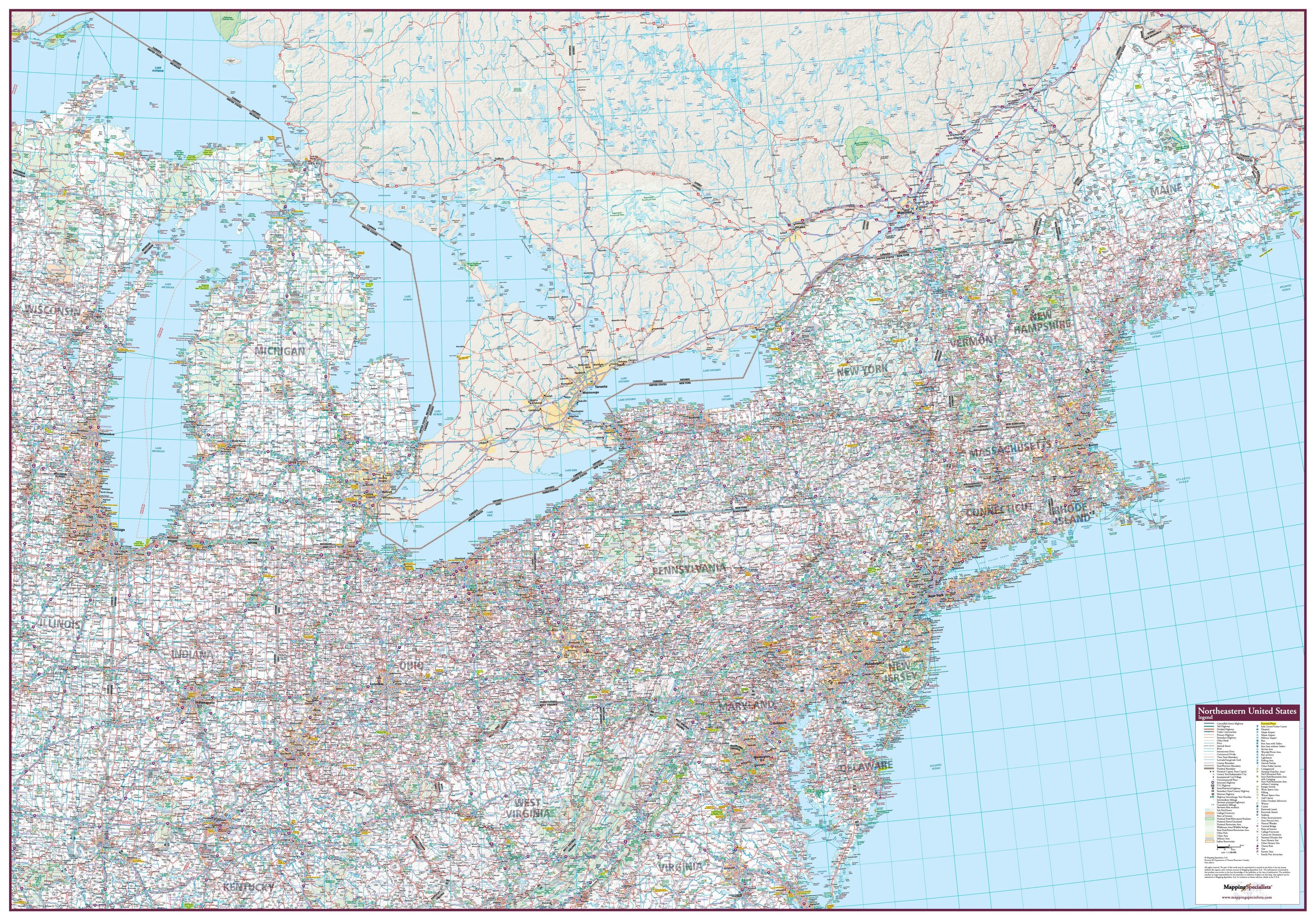 Northeastern United States Wall Map 1325 x 928mm
