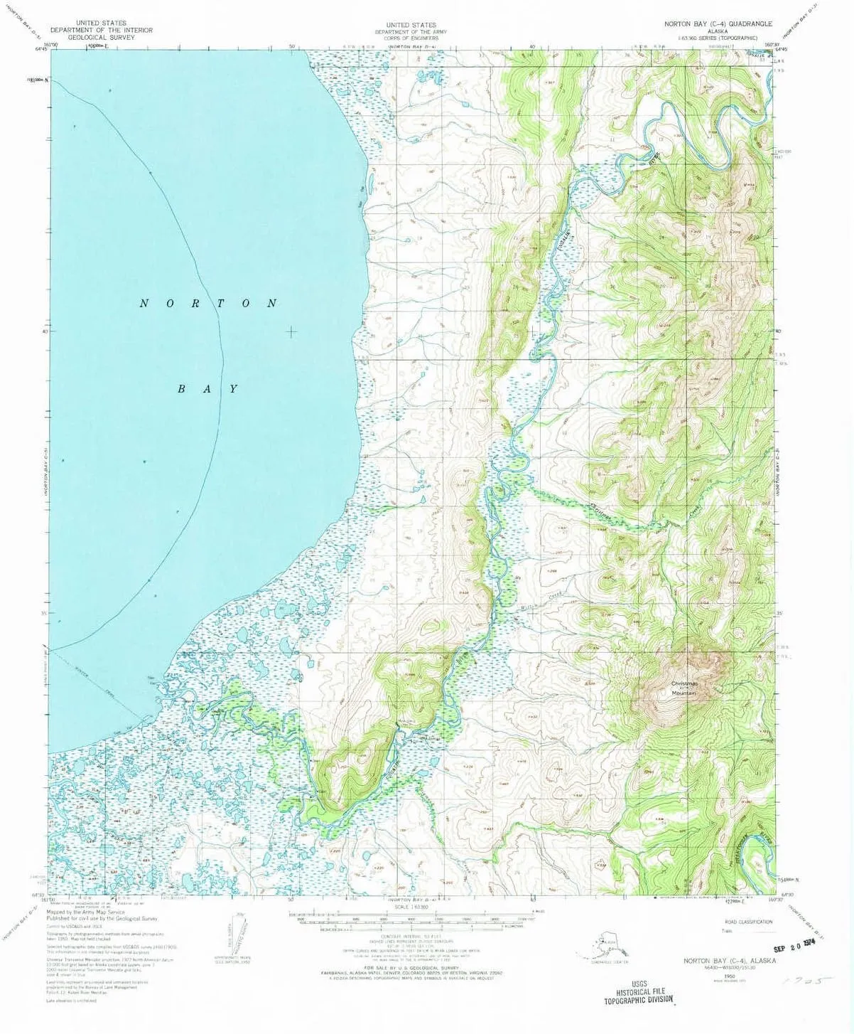 Norton Bay C 4 AK topo map, 1:63360 Scale, 15 X 15 Minute, Historical, 1950, Updated 1974, 21.9 x 18.1 in