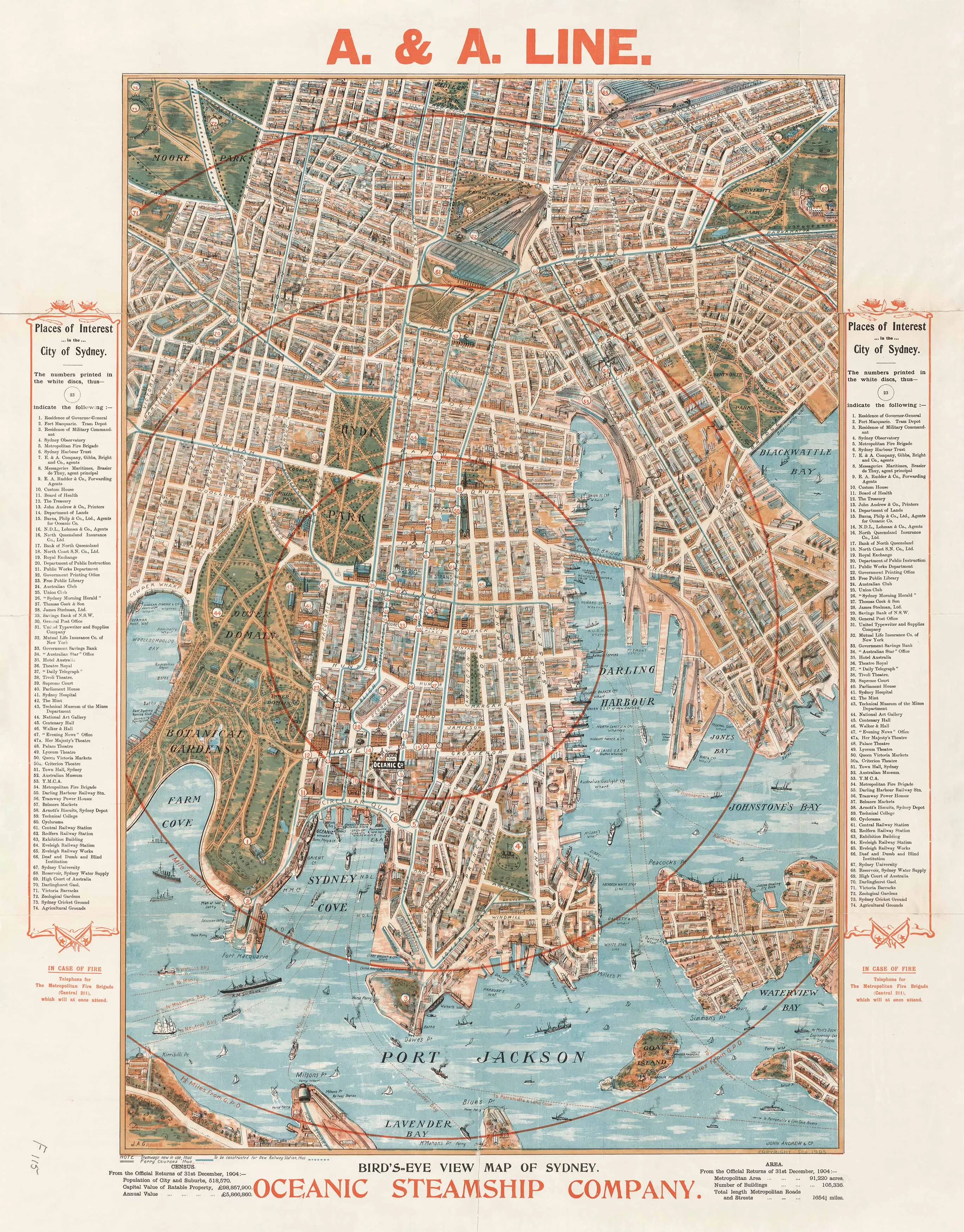 Oceanic Steamship Wall Map of Sydney (Port Jackson) published 1905