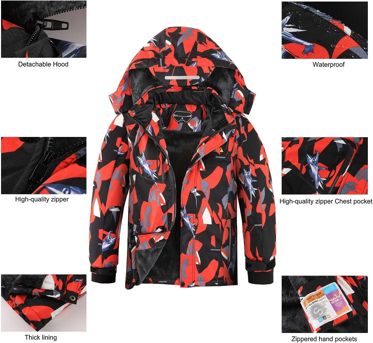 OHSNMAKSL Boy's Waterproof Ski Jacket Warm Winter Snow Coat Kids Fleece Snowboarding Jackets Thick Hooded Windproof Coats