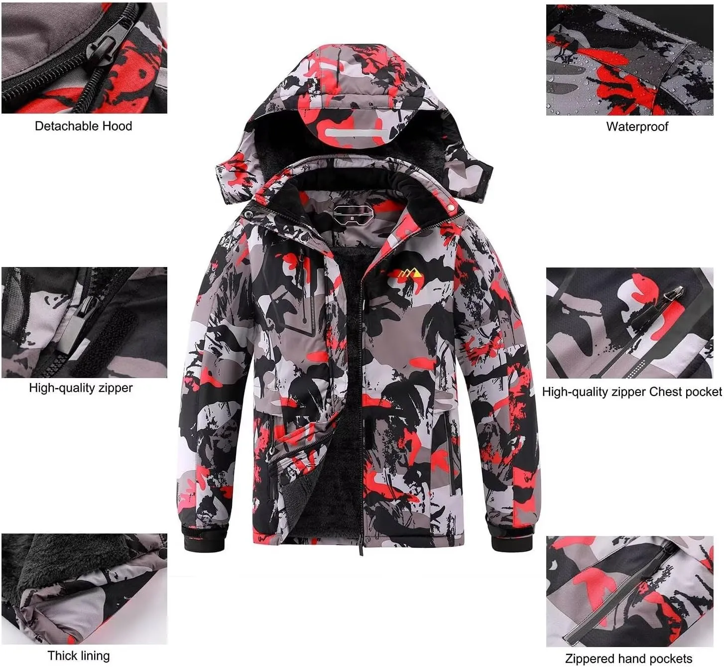 OHSNMAKSL Boy's Waterproof Ski Jacket Warm Winter Snow Coat Kids Fleece Snowboarding Jackets Thick Hooded Windproof Coats