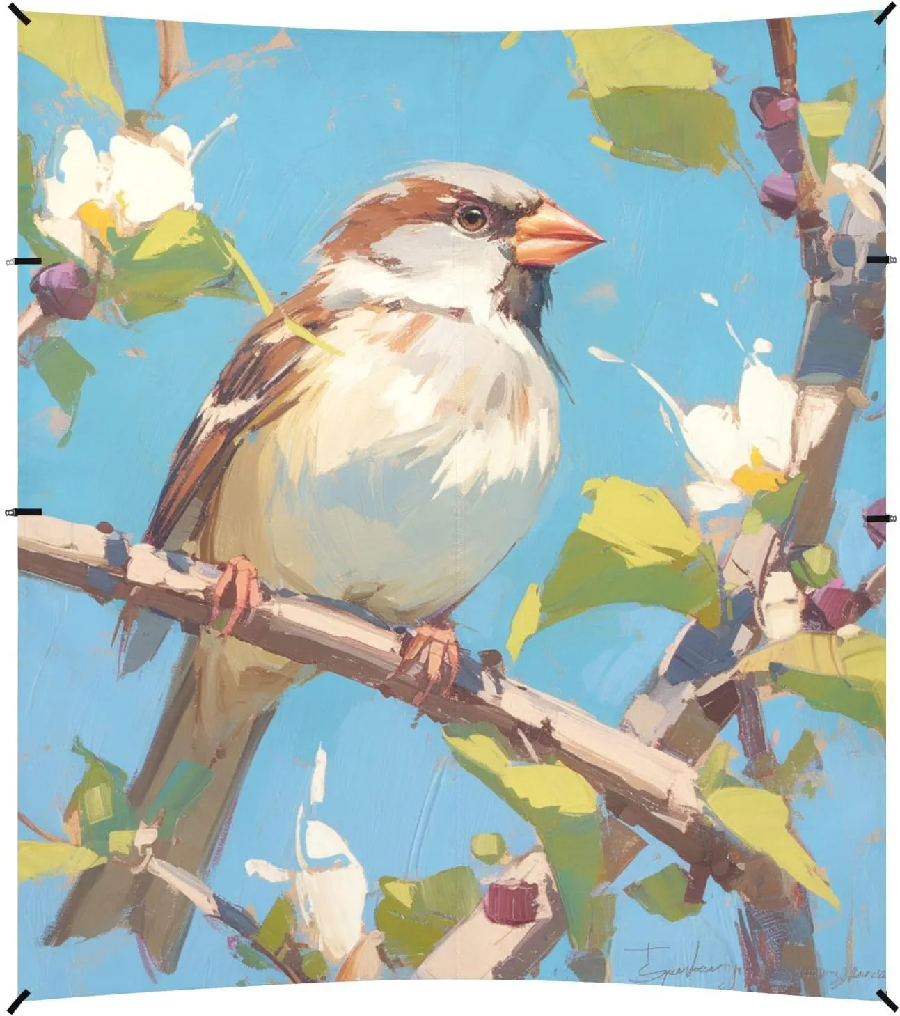 Oil Painting Spring Sparrow Foldable Beach Canopy UPF50  Easy Setup Sun Shade with Sandbags, Sand Shovel, Poles for Backyard and Camping