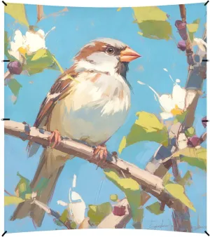 Oil Painting Spring Sparrow Foldable Beach Canopy UPF50  Easy Setup Sun Shade with Sandbags, Sand Shovel, Poles for Backyard and Camping