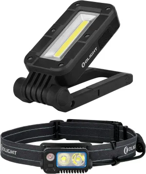OLIGHT Swivel 400 Lumens LED Compact Rechargeable Magnetic COB Work Light Bundle with Array 2 Pro 1500 Lm Headlamp with Red Light Option