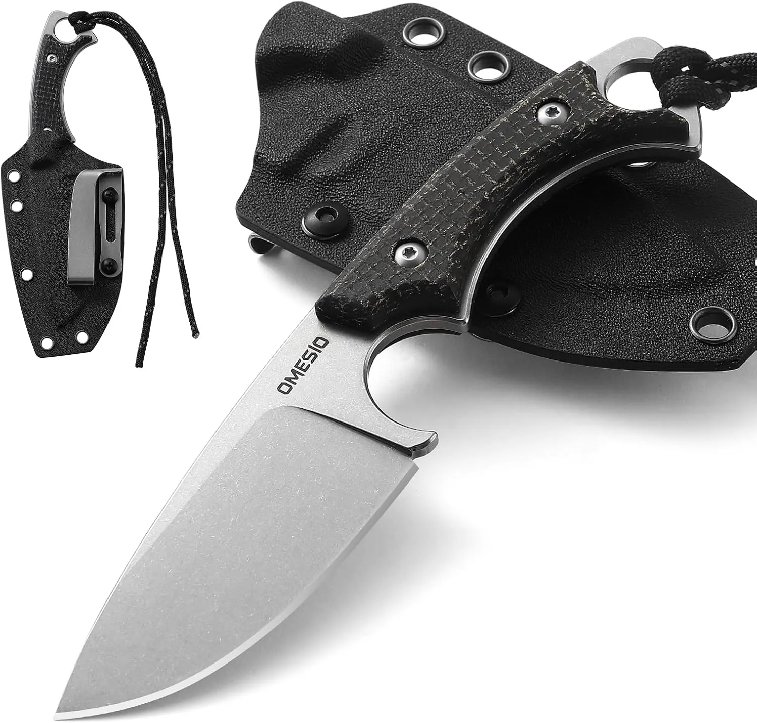 Omesio Fixed Blade Knife with Sheath, 3.54" Blade D2 Steel Small Tactical Camping EDC Horizontal Carry Knife with Kydex Sheath, Full Tang Micarta Handle, Men Women Gifts for Birthday, Christmas