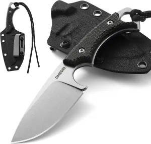 Omesio Fixed Blade Knife with Sheath, 3.54" Blade D2 Steel Small Tactical Camping EDC Horizontal Carry Knife with Kydex Sheath, Full Tang Micarta Handle, Men Women Gifts for Birthday, Christmas