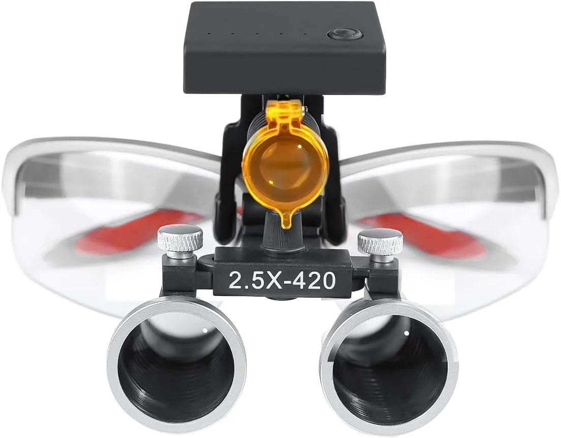 Optional 3W LED Headlamp Headlight with Yellow Filter 2.5X Loupes Binocular Magnifier Cloth Box (Silver)