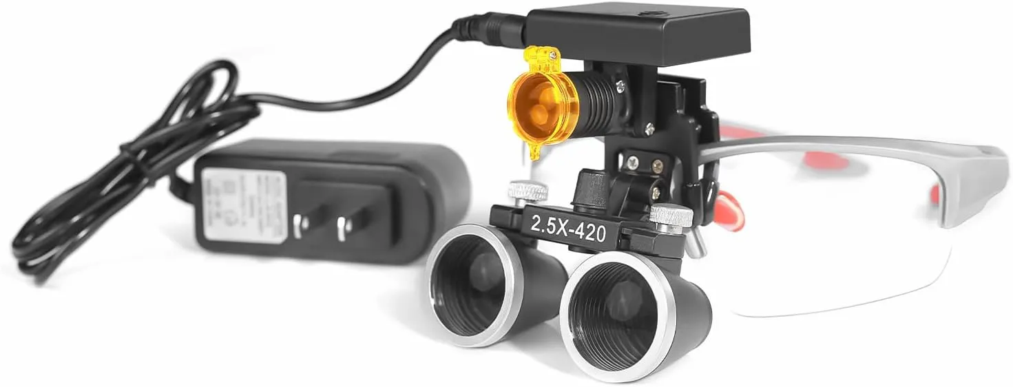 Optional 3W LED Headlamp Headlight with Yellow Filter 2.5X Loupes Binocular Magnifier Cloth Box (Silver)
