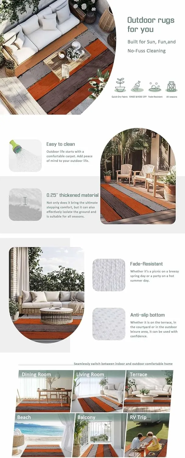 Orange Wooden Outdoor Patio Rug 5x8ft Large,Washable RV Camping Outside Area Runner Rug Mat,Grey Stripe Gradient Country Rustic Grain Carpet for Picnic Backyard Deck Porch Balcony Beach & Indoor