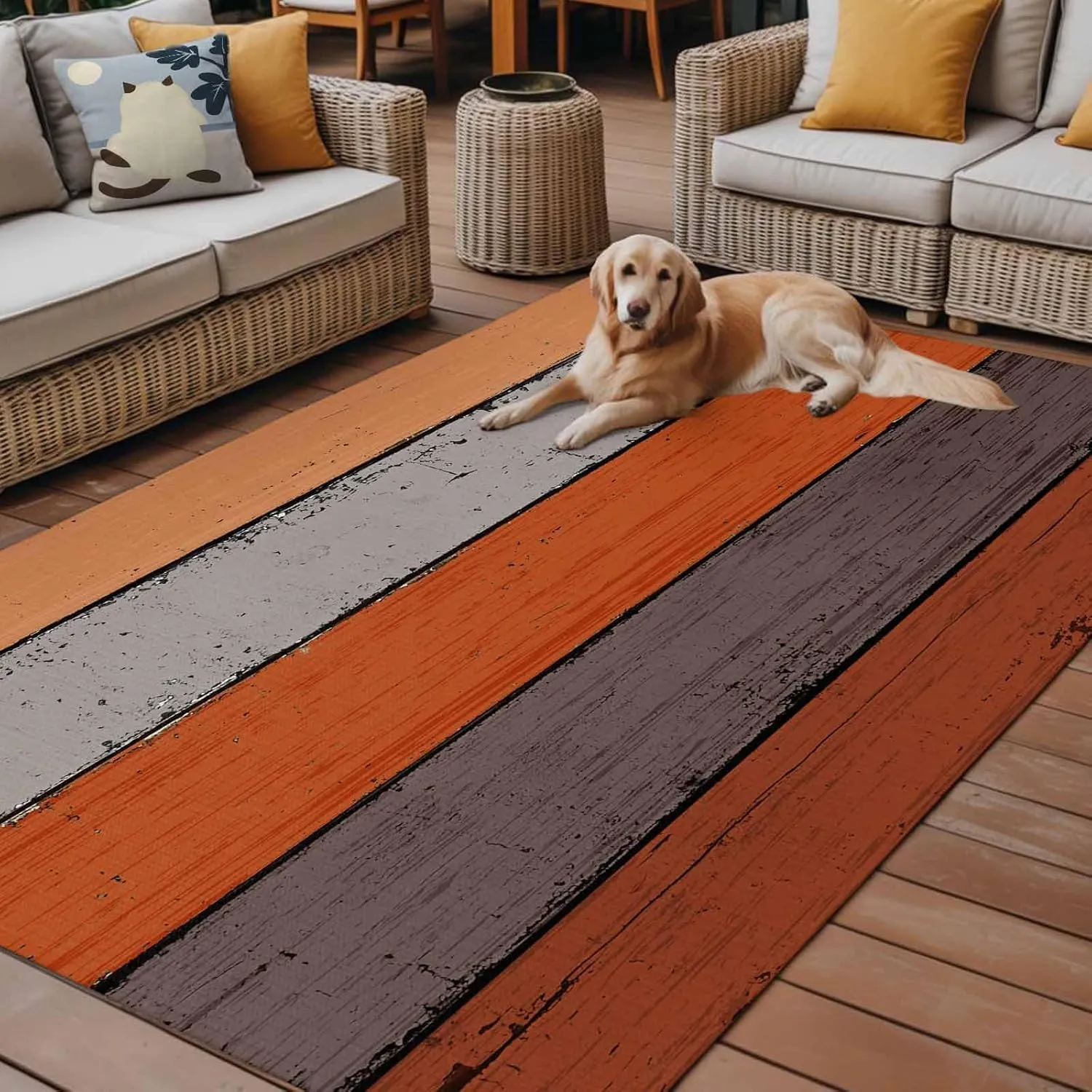 Orange Wooden Outdoor Patio Rug 5x8ft Large,Washable RV Camping Outside Area Runner Rug Mat,Grey Stripe Gradient Country Rustic Grain Carpet for Picnic Backyard Deck Porch Balcony Beach & Indoor