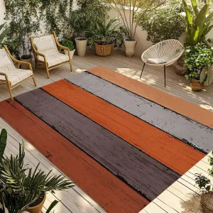 Orange Wooden Outdoor Patio Rug 5x8ft Large,Washable RV Camping Outside Area Runner Rug Mat,Grey Stripe Gradient Country Rustic Grain Carpet for Picnic Backyard Deck Porch Balcony Beach & Indoor