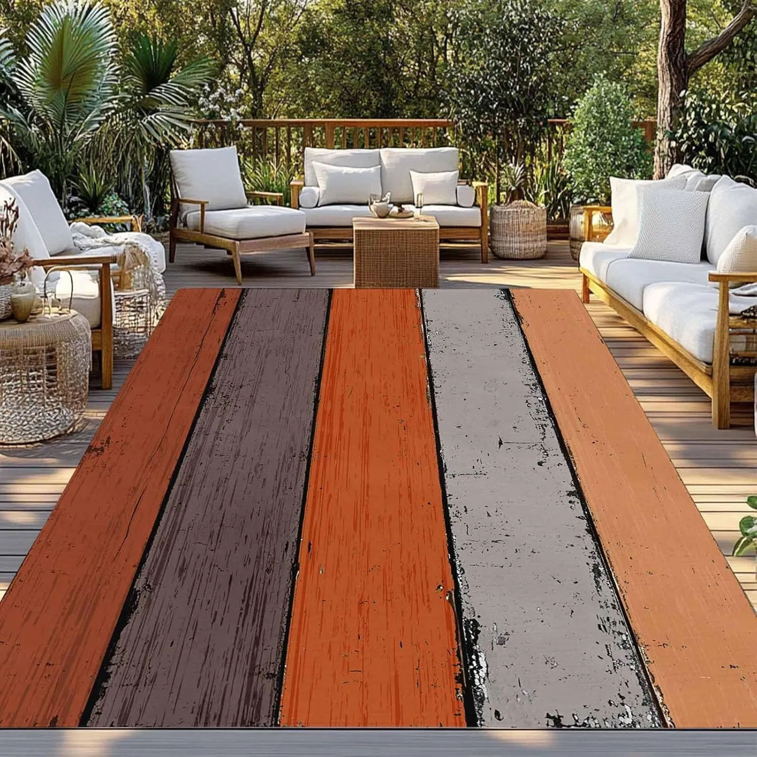 Orange Wooden Outdoor Patio Rug 5x8ft Large,Washable RV Camping Outside Area Runner Rug Mat,Grey Stripe Gradient Country Rustic Grain Carpet for Picnic Backyard Deck Porch Balcony Beach & Indoor