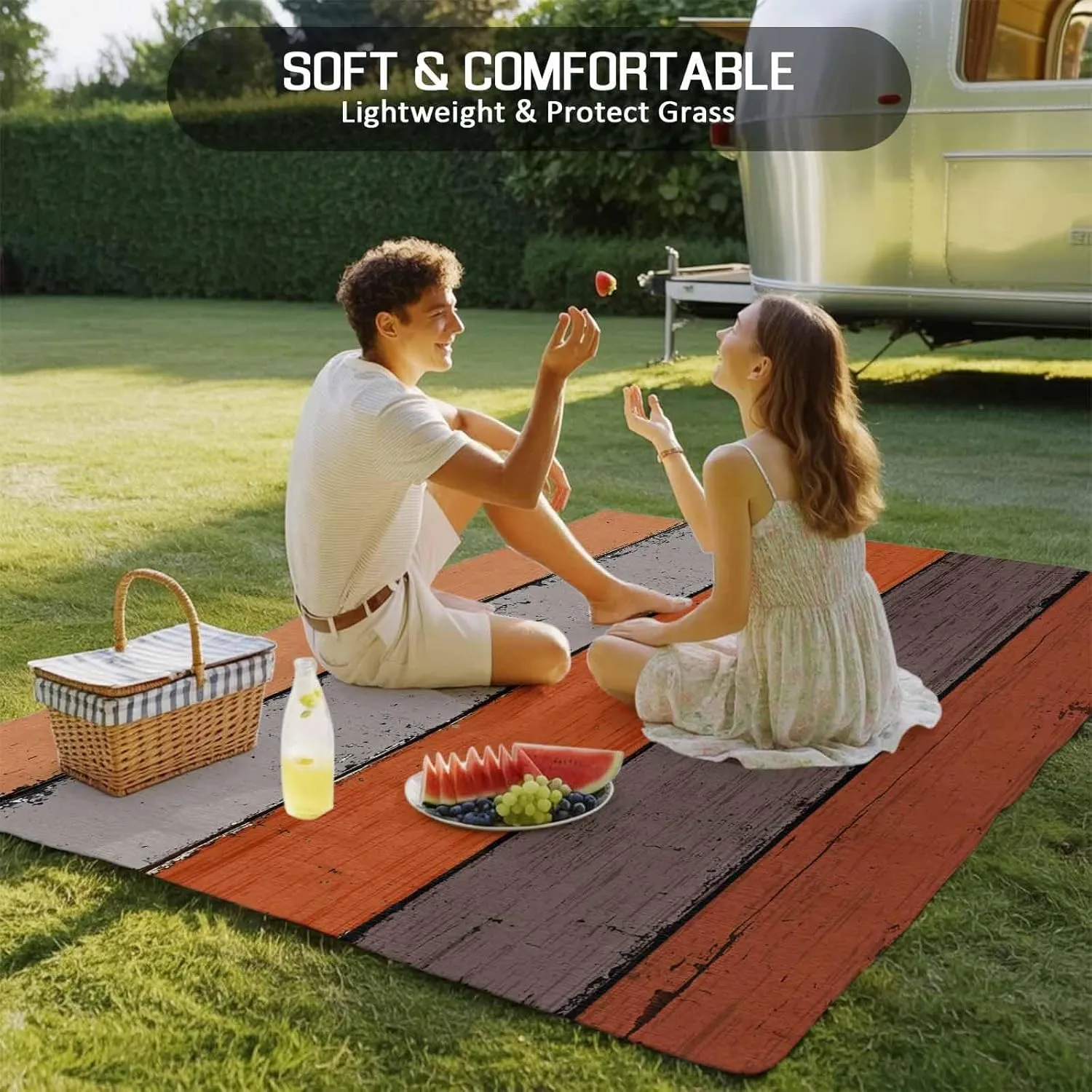 Orange Wooden Outdoor Patio Rug 5x8ft Large,Washable RV Camping Outside Area Runner Rug Mat,Grey Stripe Gradient Country Rustic Grain Carpet for Picnic Backyard Deck Porch Balcony Beach & Indoor