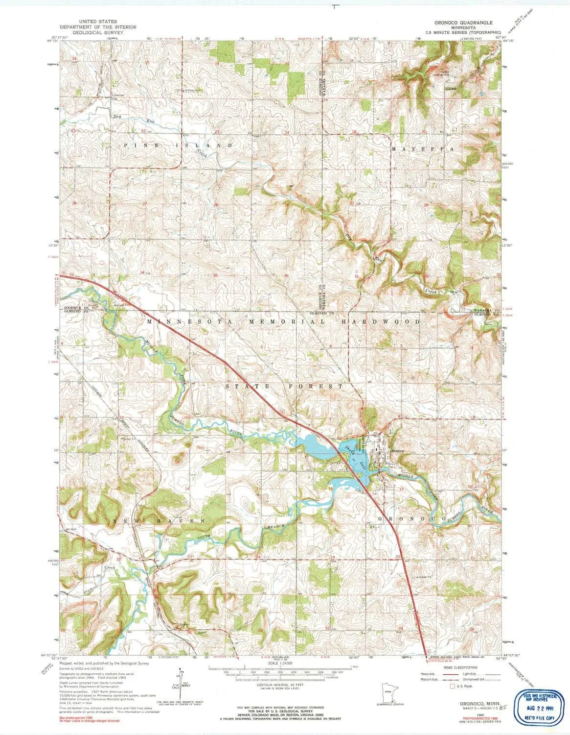 Oronoco MN topo map, 1:24000 Scale, 7.5 X 7.5 Minute, Historical, 1965, Updated 1991, 27.23 x 21.53 in