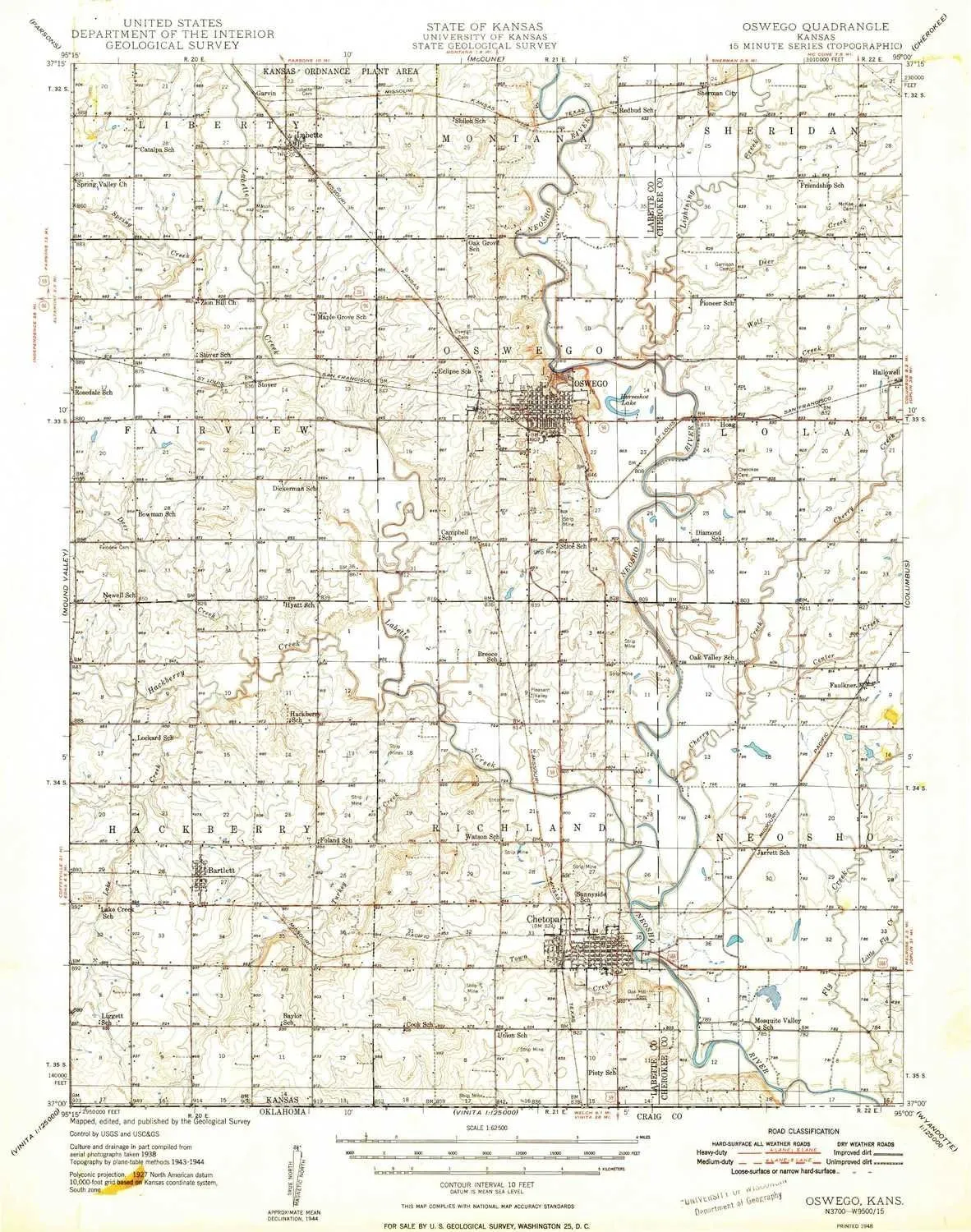 Oswego KS topo map, 1:62500 Scale, 15 X 15 Minute, Historical, 1948, 20.71 x 16.31 in