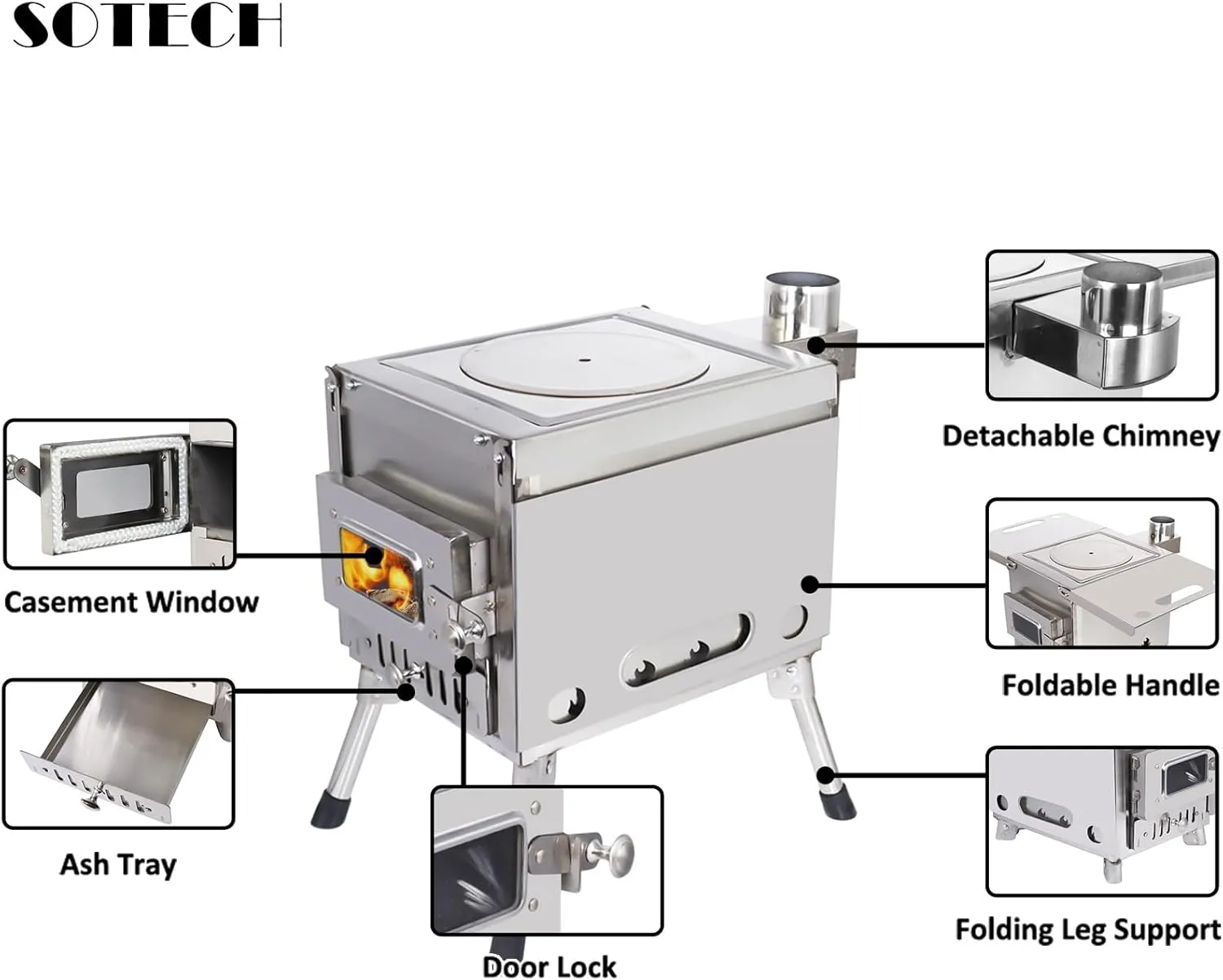 Outdoor Camping Stove Portable Stainless Steel Tent Stove With Chimney Pipe for Outdoor Cooking Backpacking BBQ Hiking Picnic