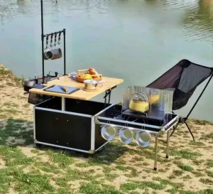Outdoor Car Mobile Kitchen Folding Portable Camping Picnic Tea Table Storage Storage Box with Wheels Windproof Stove,Camping Kitchen