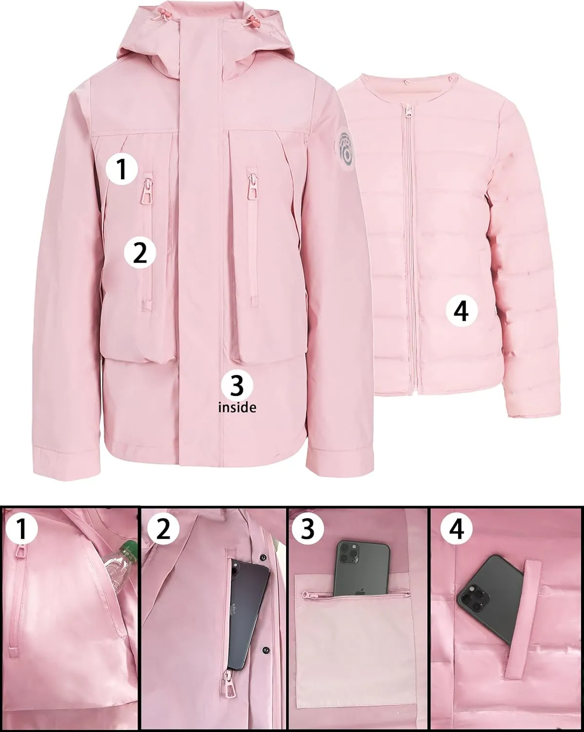 Outdoor Hiking 3 in 1 Women Spring Travel Snowboard Jacket Waterproof Rain Insulated,Lightweight Down Puffer Coat