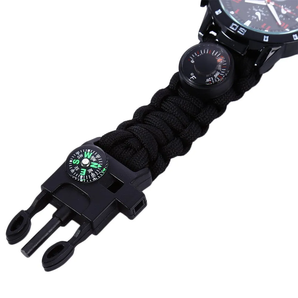 Outdoor Survival Watch Bracelet with Compass Flint Fire Starter Paracord Thermometer Whistle Multifunction Camping Band