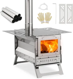 Outdoor Tent Stove with Pipes - Stainless Steel Camping Wood Burning Stove, Portable Hot Tent Stove For Heating and Cooking