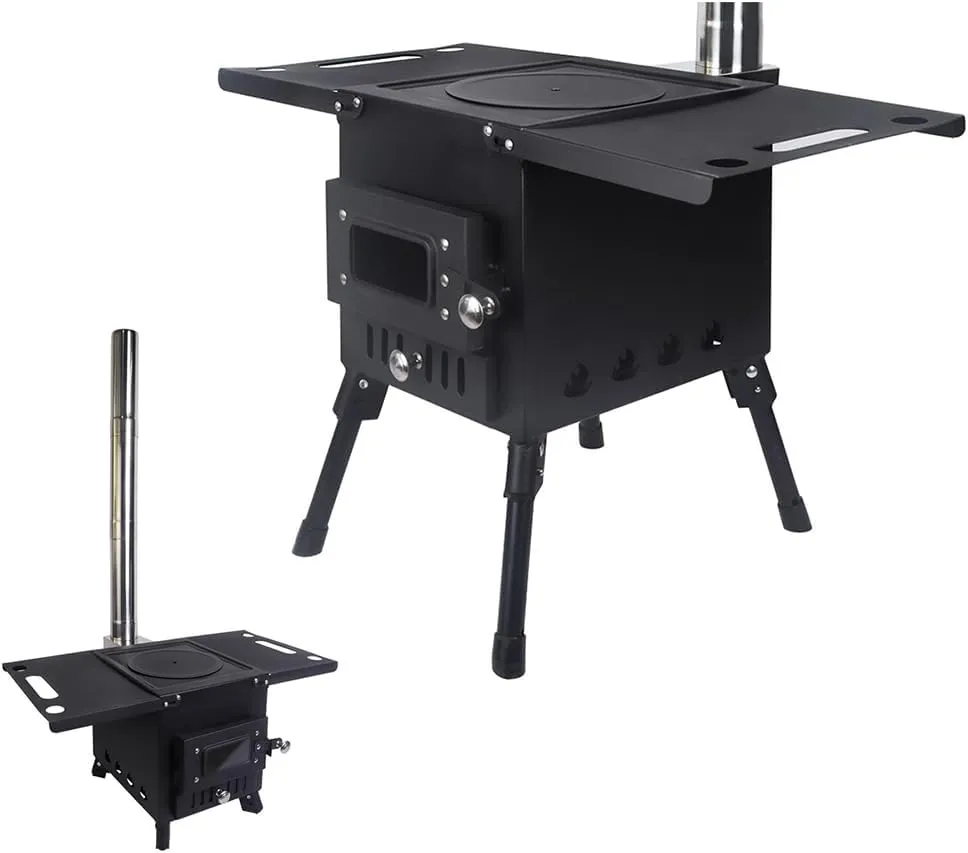 Outdoor Wood Burning Stove, Portable Camping Tent Stove with Window and Chimney Pipe, Foldable Stove/B