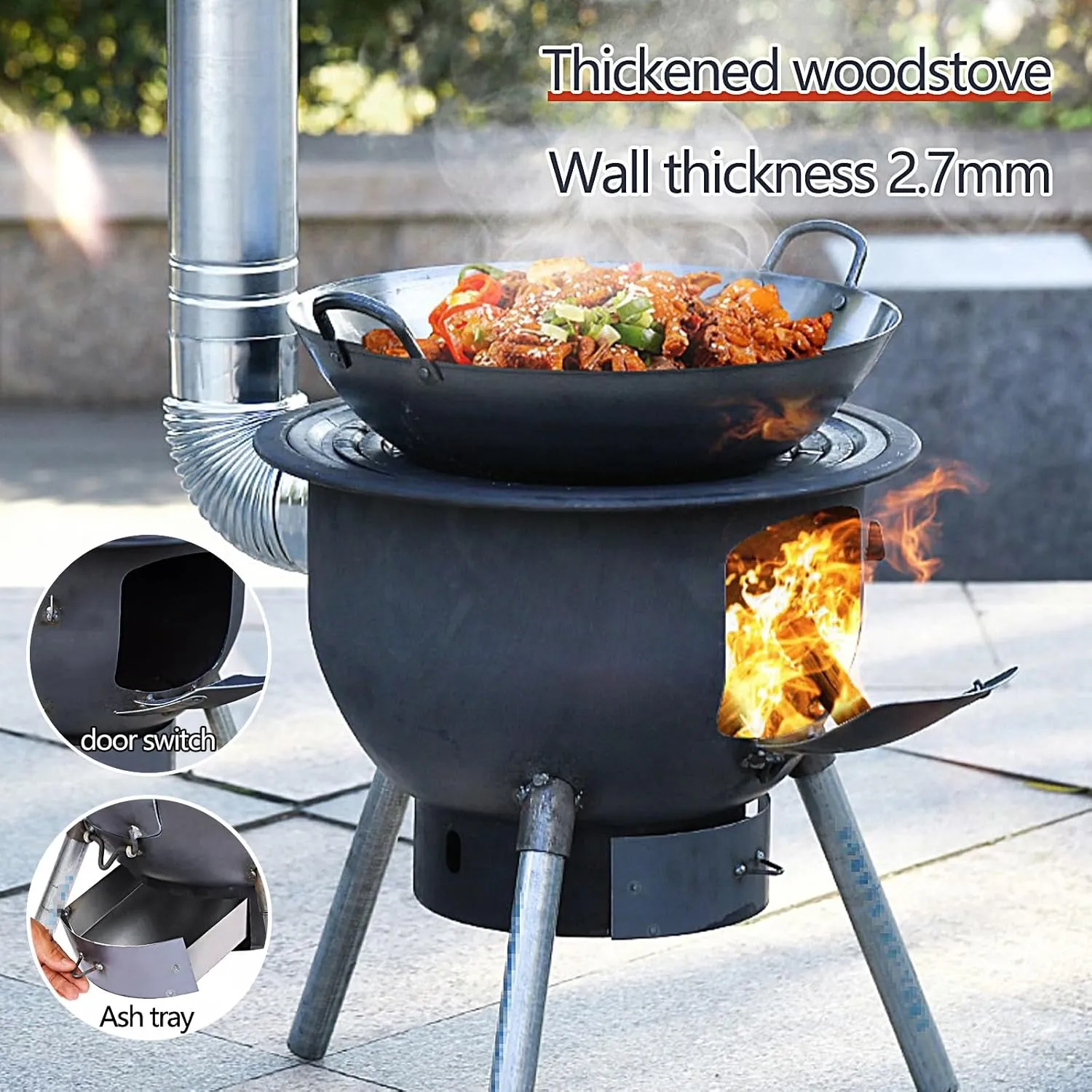 Outdoor Wood Burning Stove, Portable Stove with Folding Plate and Chimney Pipe, Removable Legs for Cooking Camping Tenting Fishing Load Capacity 150kg(63 * 63 * 60cm)