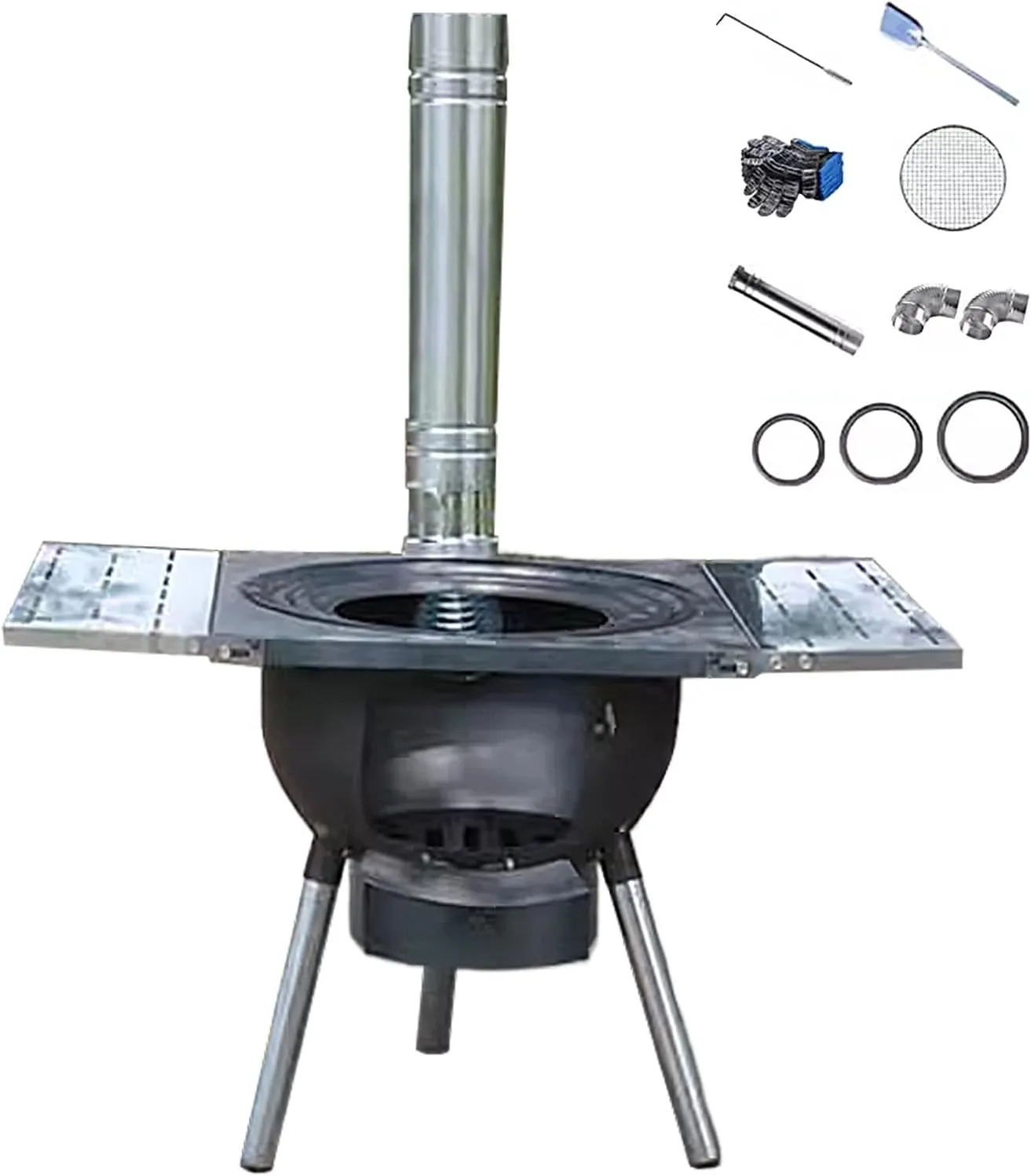 Outdoor Wood Burning Stove, Portable Stove with Folding Plate and Chimney Pipe, Removable Legs for Cooking Camping Tenting Fishing Load Capacity 150kg(63 * 63 * 60cm)
