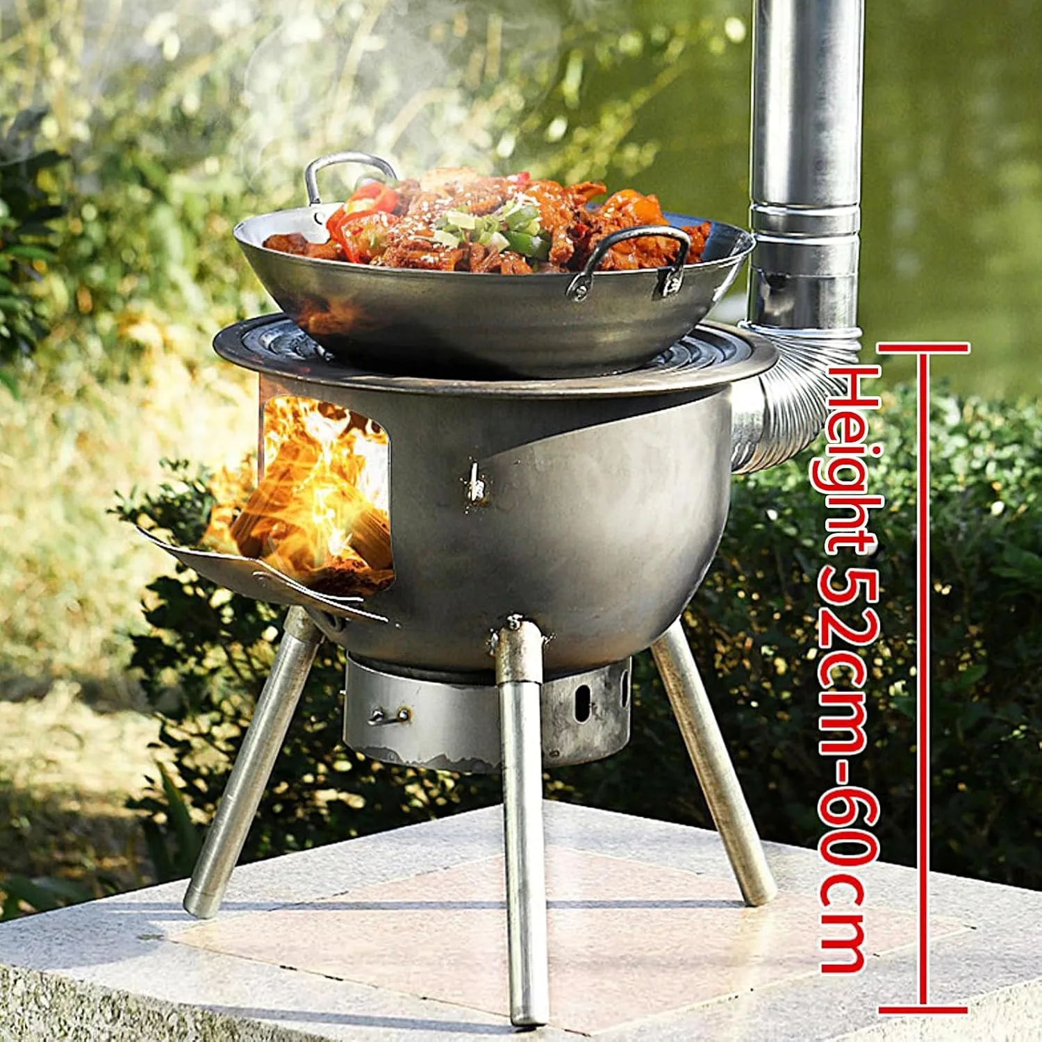 Outdoor Wood Burning Stove, Portable Stove with Folding Plate and Chimney Pipe, Removable Legs for Cooking Camping Tenting Fishing Load Capacity 150kg(63 * 63 * 60cm)
