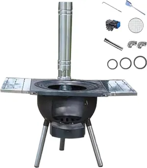 Outdoor Wood Burning Stove, Portable Stove with Folding Plate and Chimney Pipe, Removable Legs for Cooking Camping Tenting Fishing Load Capacity 150kg(63 * 63 * 60cm)
