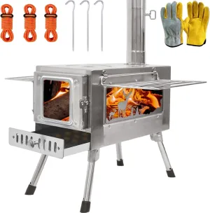 Outdoor Wood Burning Stove, Portable with Chimney Pipe for Cooking, Camping, Tent, Hiking, Fishing, Backpacking