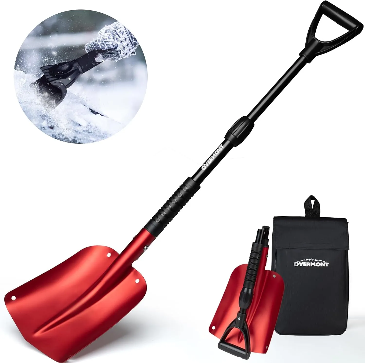 Overmont Telescopic Emergency Snow Shovel for Car - 32" 42" Small & Compact Tool with Ice Scraper and Carrying Bag- Lightweight Aluminum Shovels for Snow Camping Skiing Snowmobiles