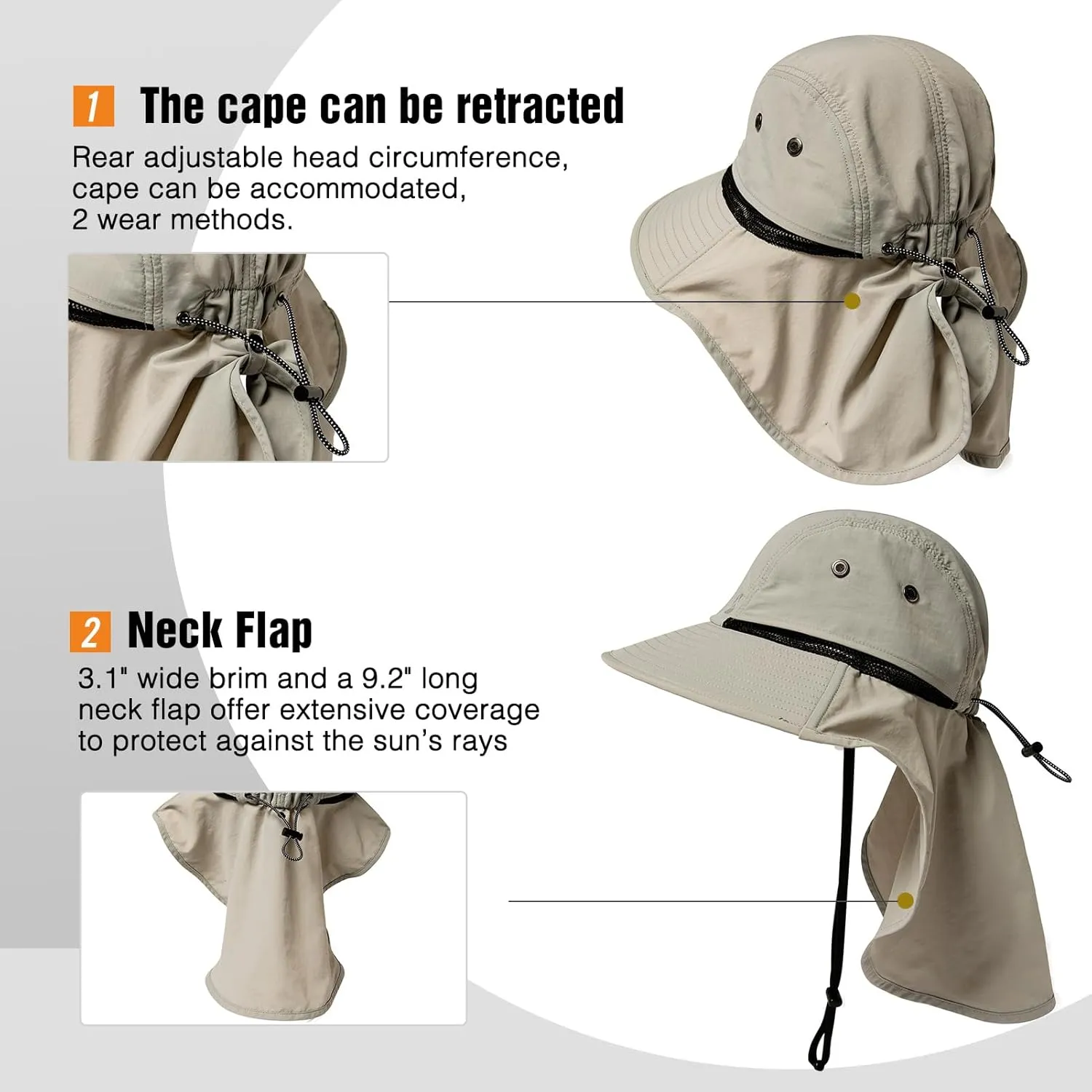 Oversized XL XXL Mens Sun Hat Big Head Neck Flap Shade Waterproof UPF50  Wide Brim Hat Fishing Safari Hiking