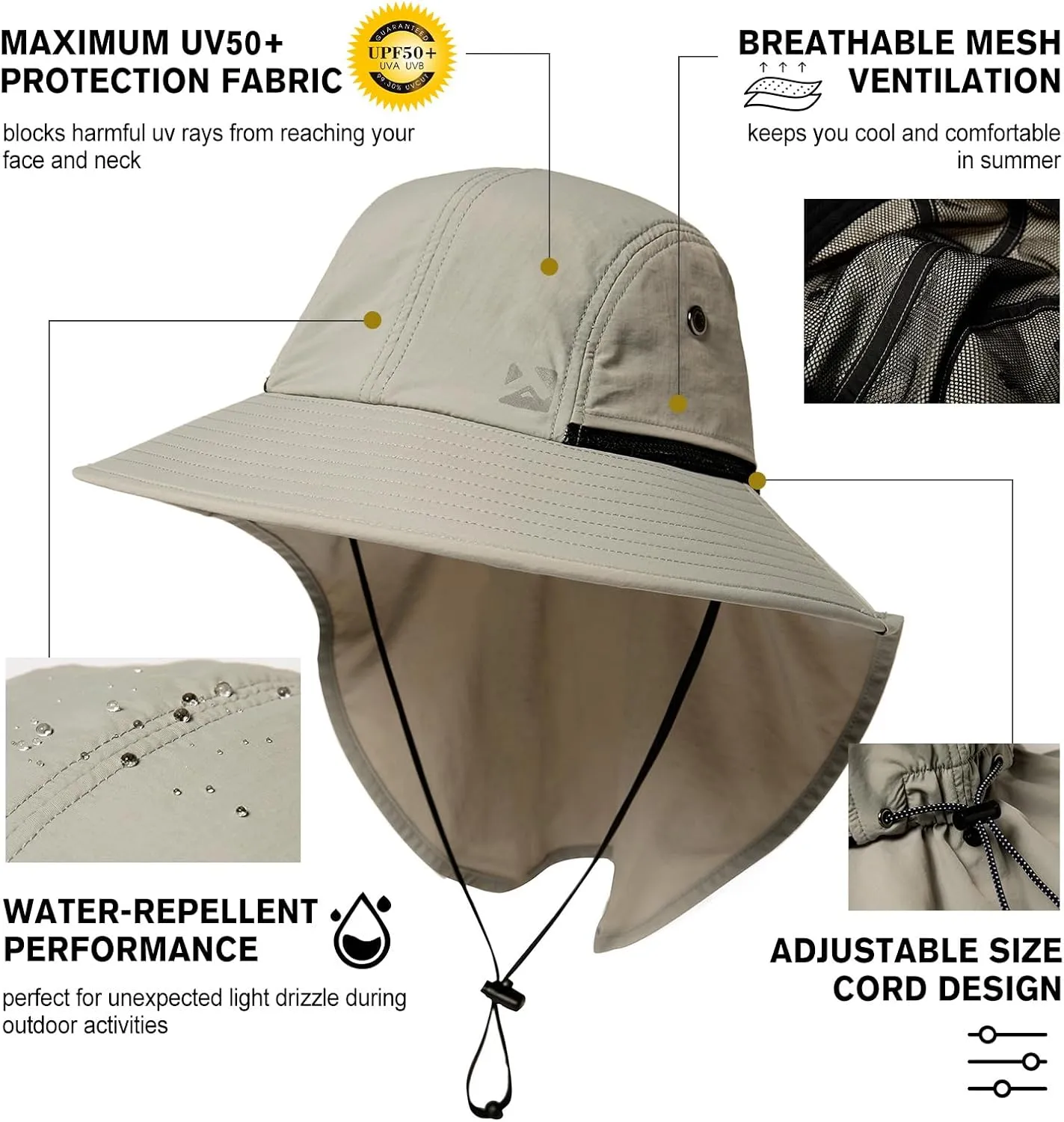 Oversized XL XXL Mens Sun Hat Big Head Neck Flap Shade Waterproof UPF50  Wide Brim Hat Fishing Safari Hiking