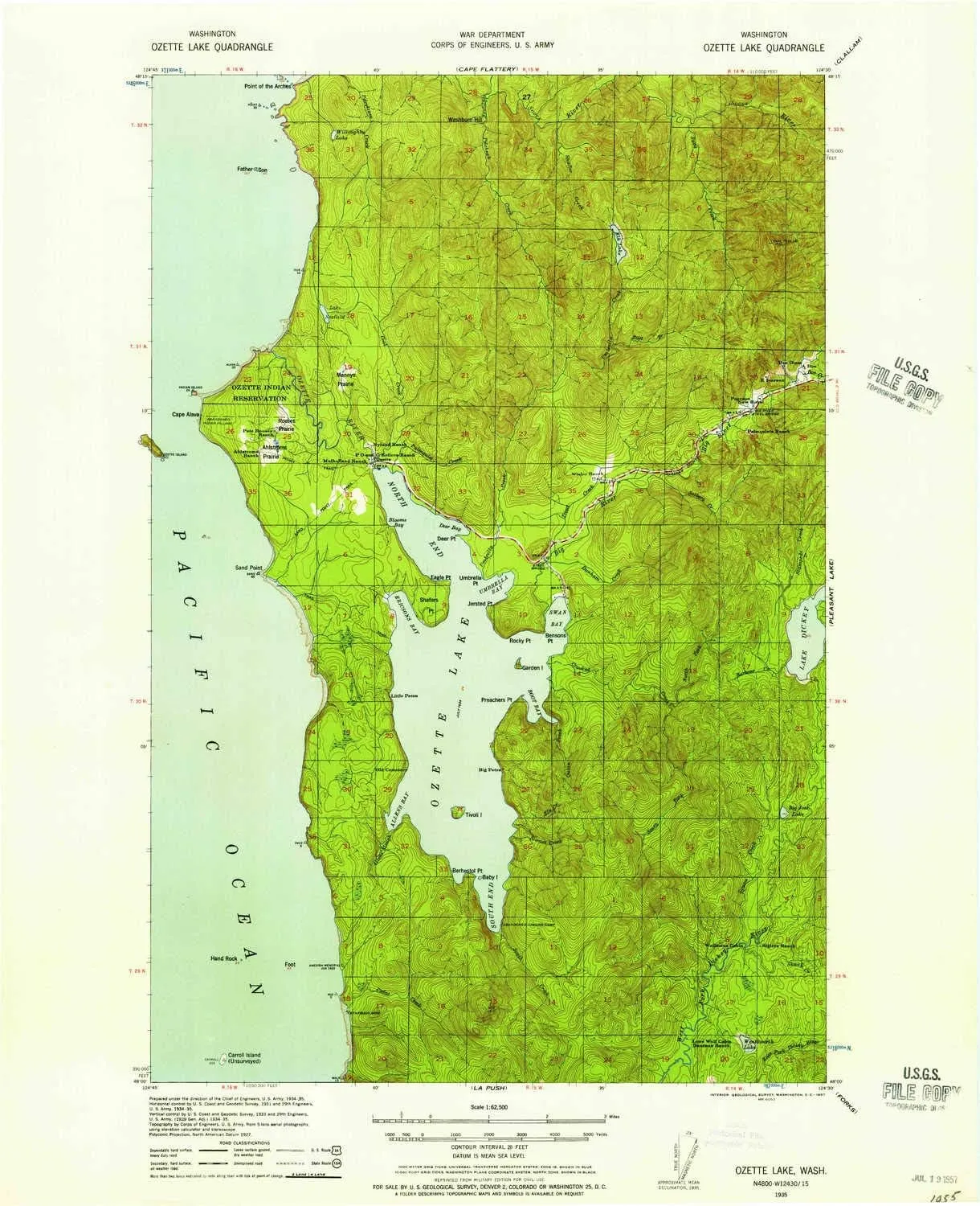 Ozette Lake WA topo map, 1:62500 Scale, 15 X 15 Minute, Historical, 1935, Updated 1957, 21 x 17 in