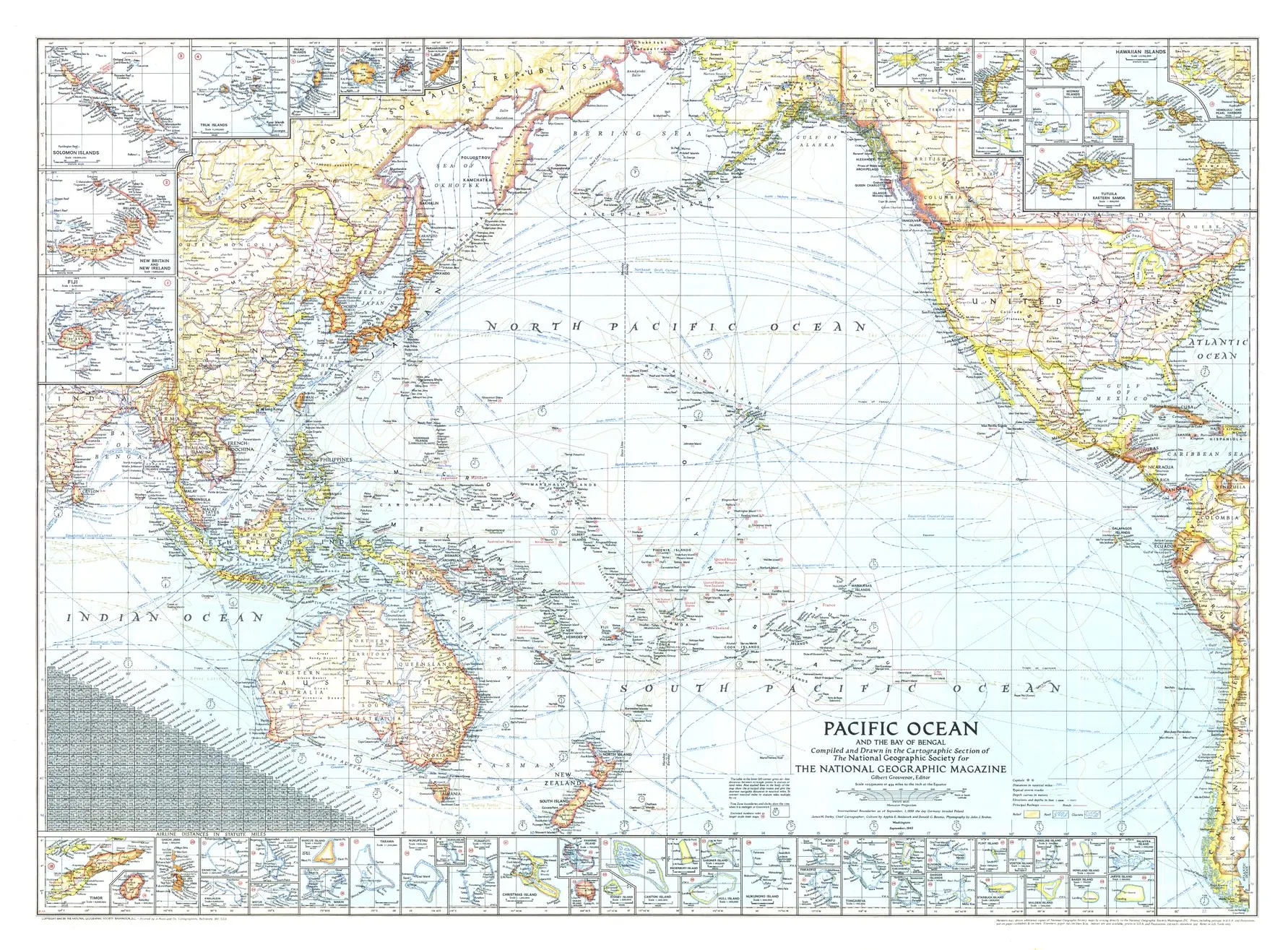 Pacific Ocean, and the Bay of Bengal Wall Map - Published 1943 by National Geographic