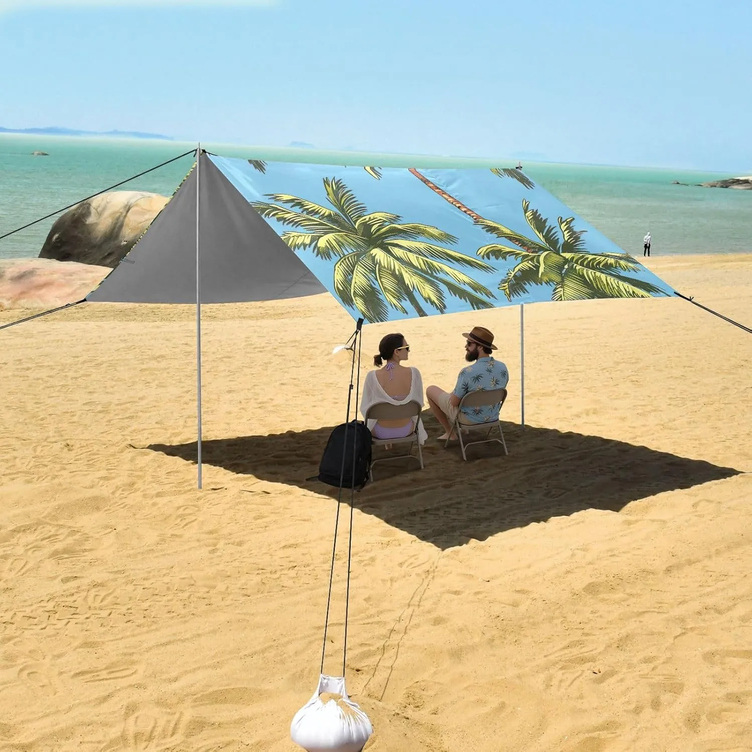 Palm Tree Summer Green Beach Canopy Tent 9.2 × 10.5 FT Outdoor Patio Shade Cute Floral Waterproof Travel Camping Sun Shelter with Sand Bags Poles