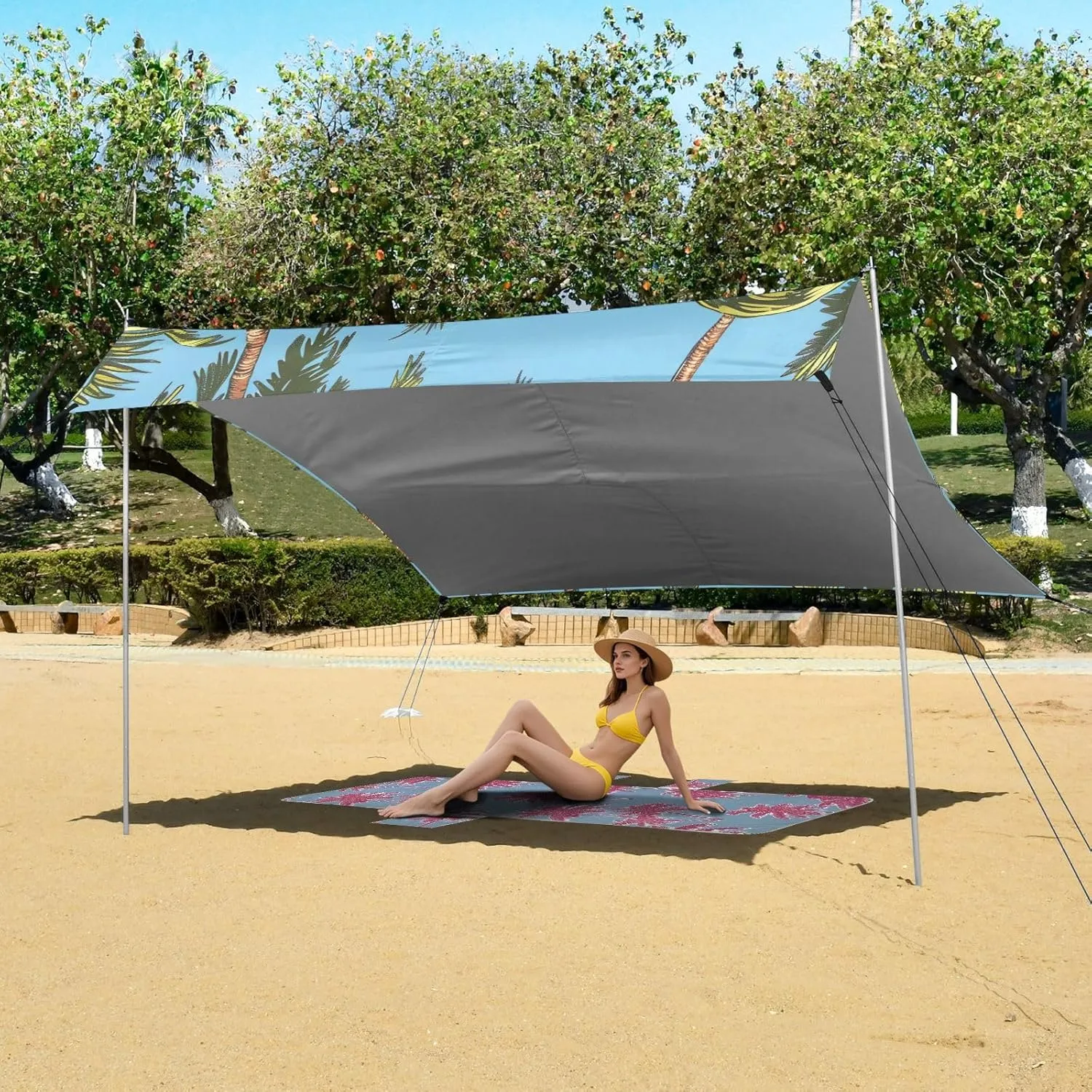 Palm Tree Summer Green Beach Canopy Tent 9.2 × 10.5 FT Outdoor Patio Shade Cute Floral Waterproof Travel Camping Sun Shelter with Sand Bags Poles