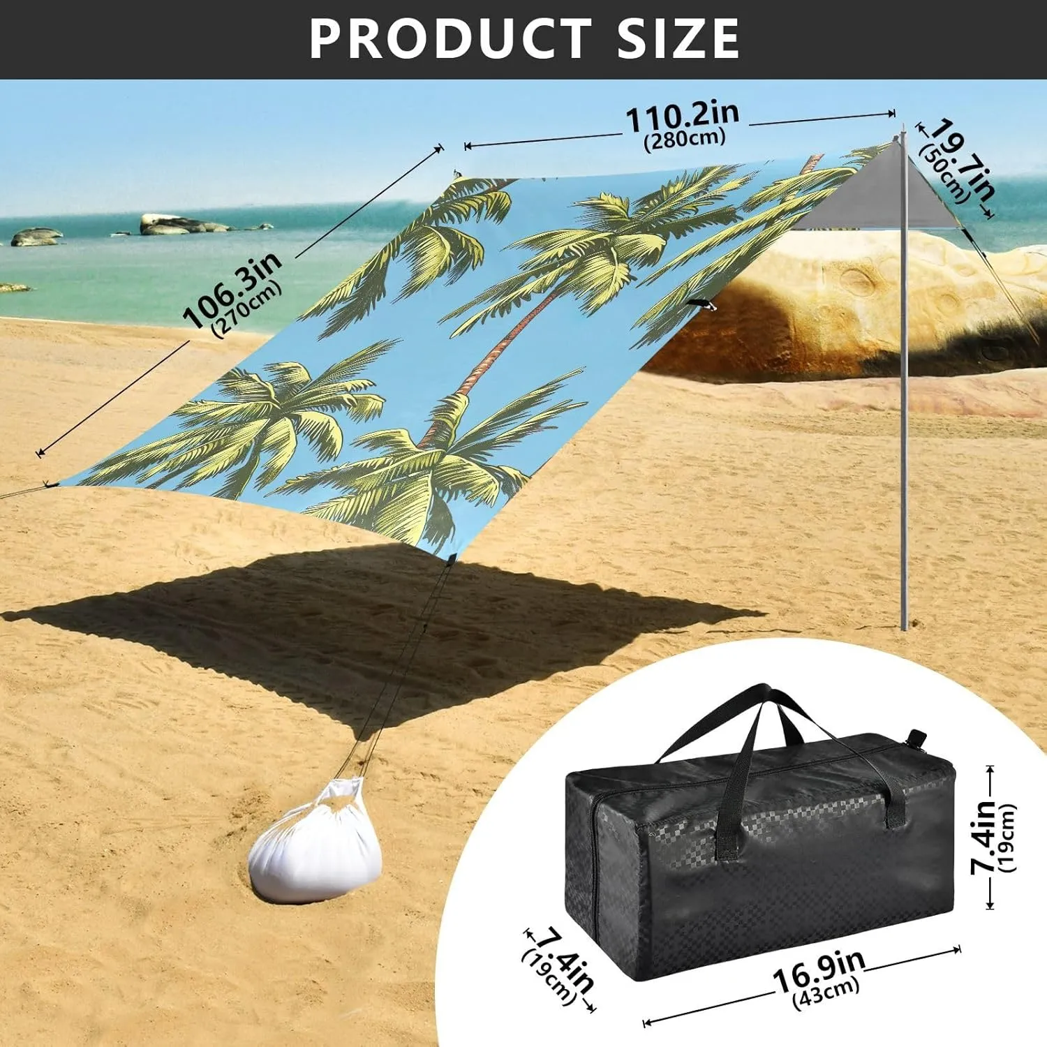 Palm Tree Summer Green Beach Canopy Tent 9.2 × 10.5 FT Outdoor Patio Shade Cute Floral Waterproof Travel Camping Sun Shelter with Sand Bags Poles