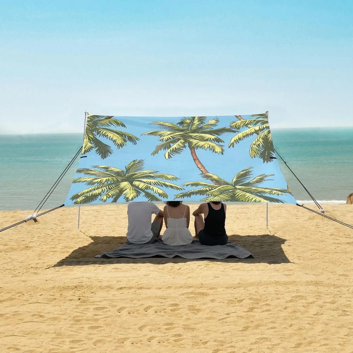 Palm Tree Summer Green Beach Canopy Tent 9.2 × 10.5 FT Outdoor Patio Shade Cute Floral Waterproof Travel Camping Sun Shelter with Sand Bags Poles