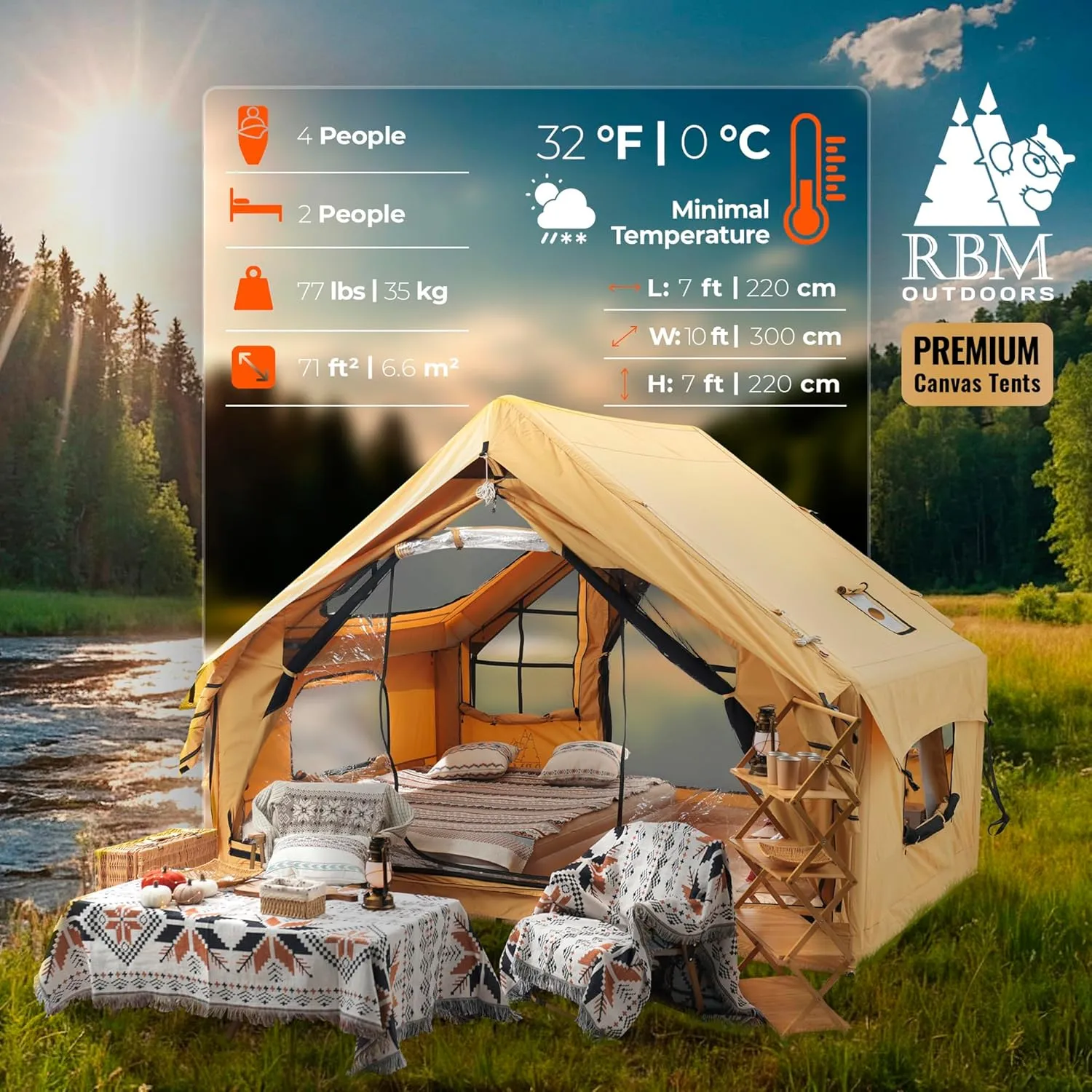 Panda Inflatable Tents for Camping with Stove Jack, Canvas Blow Up, Easy Setup Inflatable Tent, Waterproof Hot Inflatable Outdoor House, Casa de Campaña with Hand Pump
