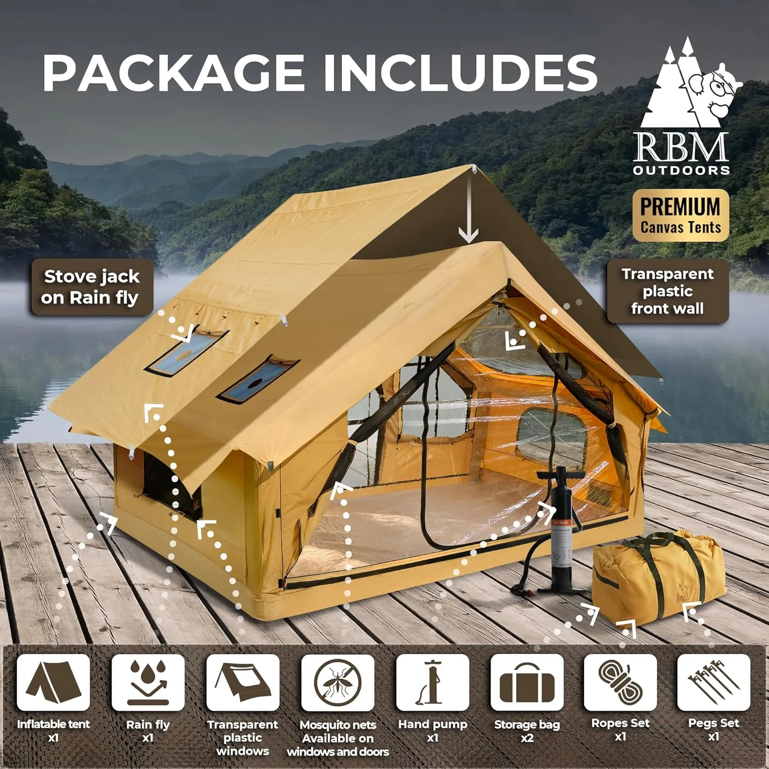 Panda Inflatable Tents for Camping with Stove Jack, Canvas Blow Up, Easy Setup Inflatable Tent, Waterproof Hot Inflatable Outdoor House, Casa de Campaña with Hand Pump