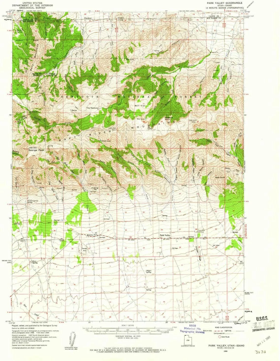 Park Valley UT topo map, 1:62500 Scale, 15 X 15 Minute, Historical, 1959, Updated 1960, 20.8 x 17 in