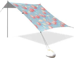 Peach Cherries Blue Beach Canopy UPF50 Easy Setup Portable Sun Shelter with Sandbags and Shovel for Camping, Picnics, Backyard