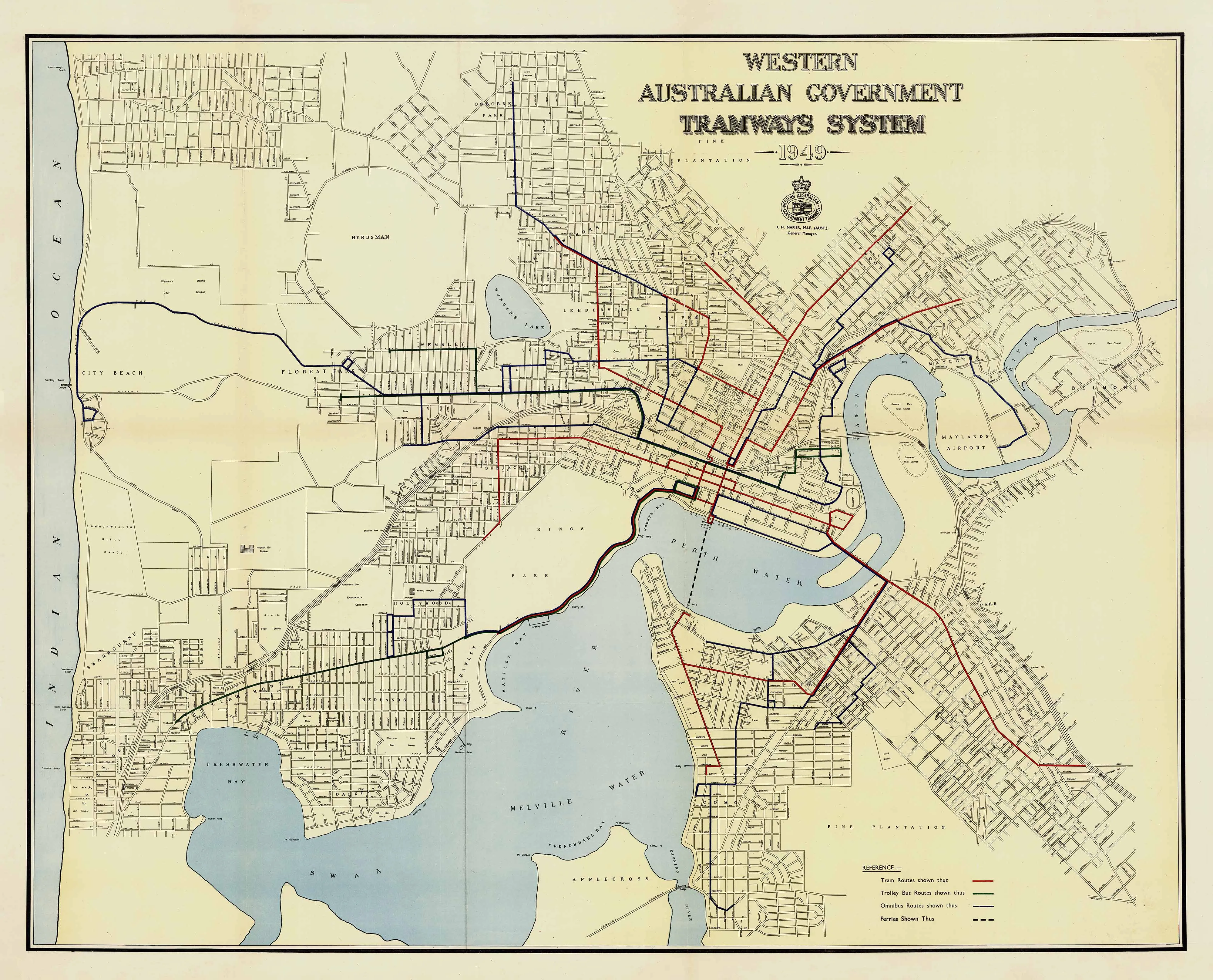 Perth Historic Tramways Wall Map published 1949